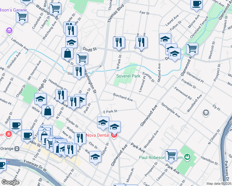 map of restaurants, bars, coffee shops, grocery stores, and more near 99 Burchard Avenue in East Orange