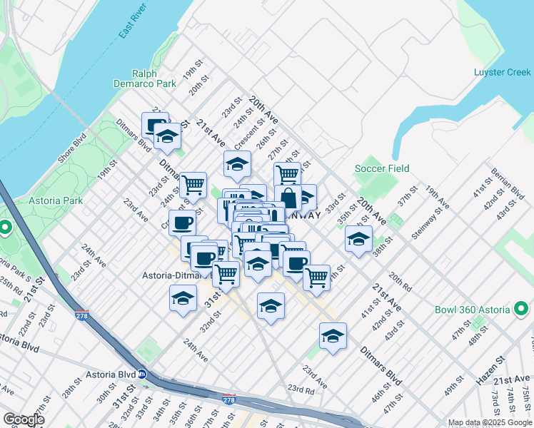 map of restaurants, bars, coffee shops, grocery stores, and more near 21-31 29th Street in Queens