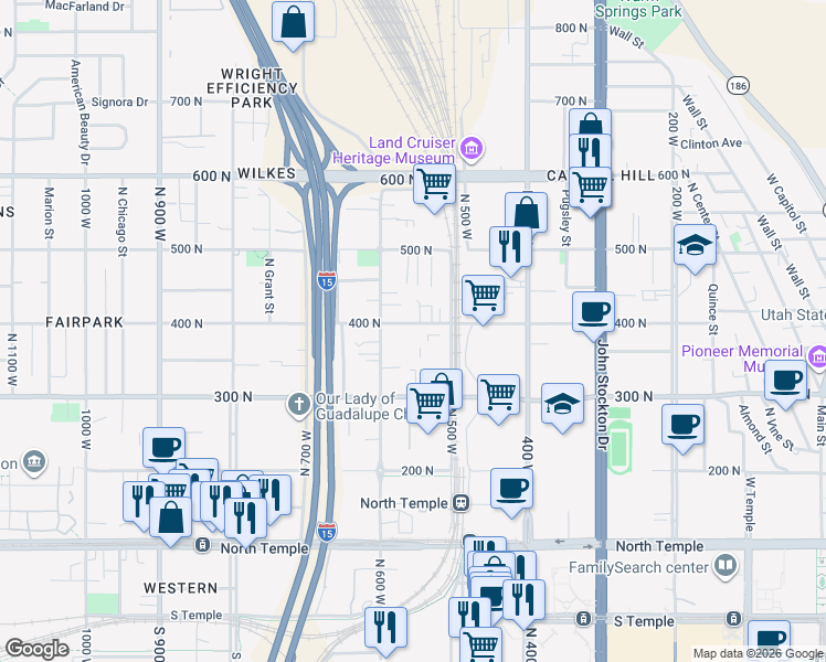 map of restaurants, bars, coffee shops, grocery stores, and more near 551 West 400 North in Salt Lake City