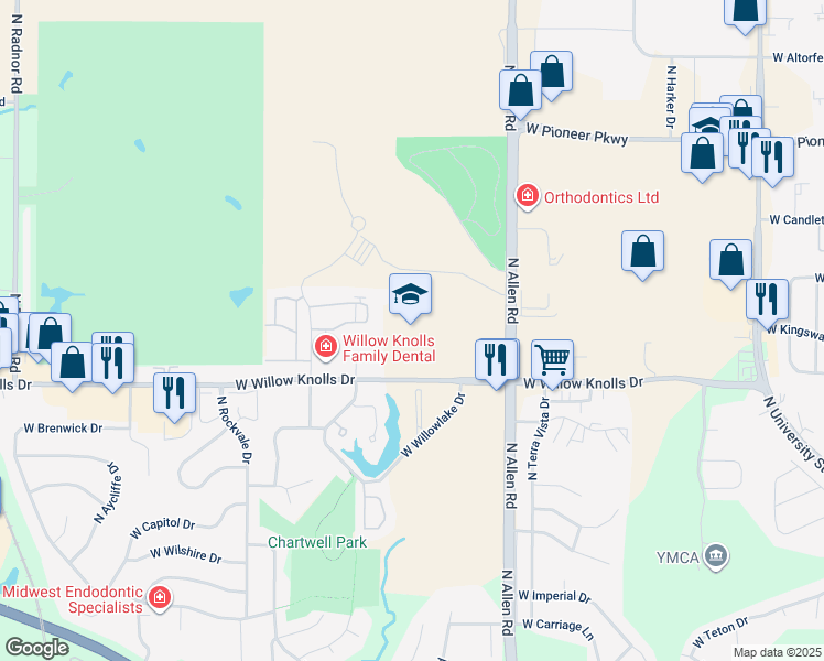 map of restaurants, bars, coffee shops, grocery stores, and more near 2711 West Willow Knolls Drive in Peoria