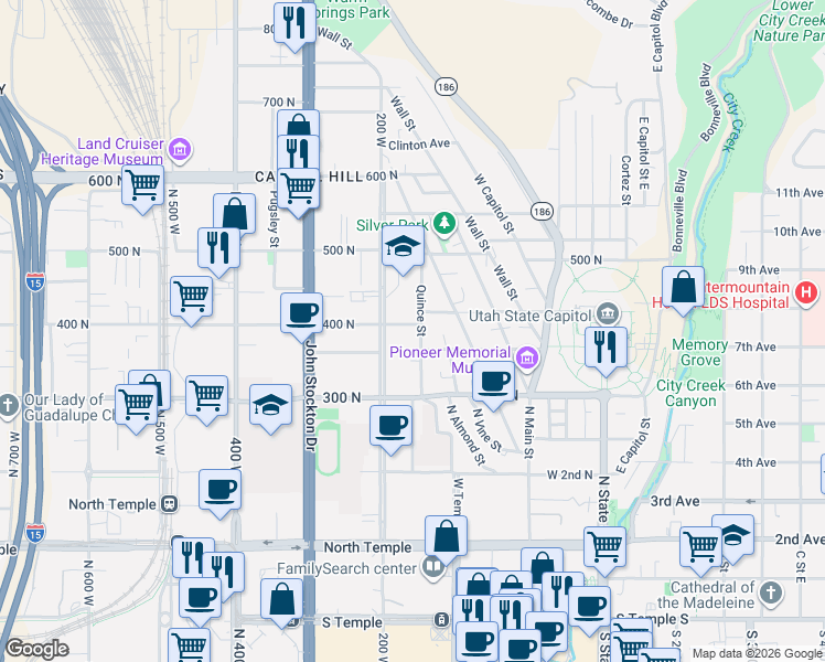map of restaurants, bars, coffee shops, grocery stores, and more near 365 Quince Street in Salt Lake City