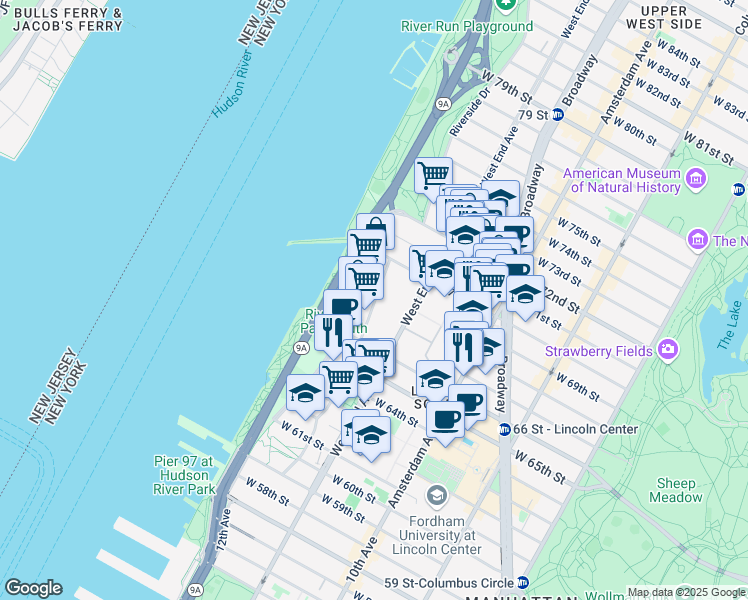map of restaurants, bars, coffee shops, grocery stores, and more near 301 Freedom Place in New York