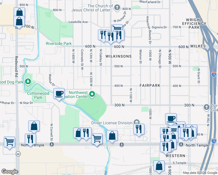 map of restaurants, bars, coffee shops, grocery stores, and more near 385 North 1200 West in Salt Lake City