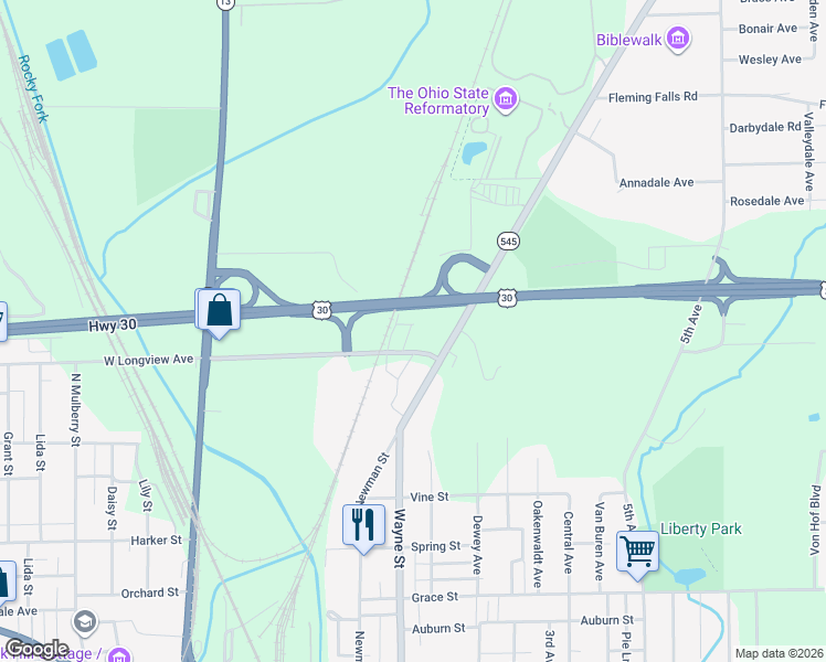 map of restaurants, bars, coffee shops, grocery stores, and more near 227 East Longview Avenue in Mansfield