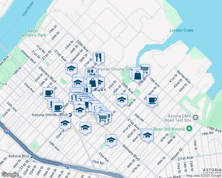 map of restaurants, bars, coffee shops, grocery stores, and more near 2063 33rd Street in Queens