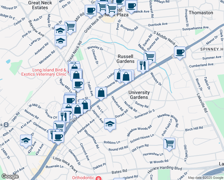 map of restaurants, bars, coffee shops, grocery stores, and more near in University Gardens