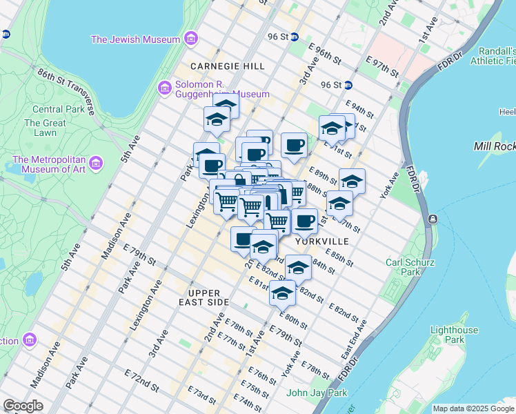 map of restaurants, bars, coffee shops, grocery stores, and more near 229 East 85th Street in New York