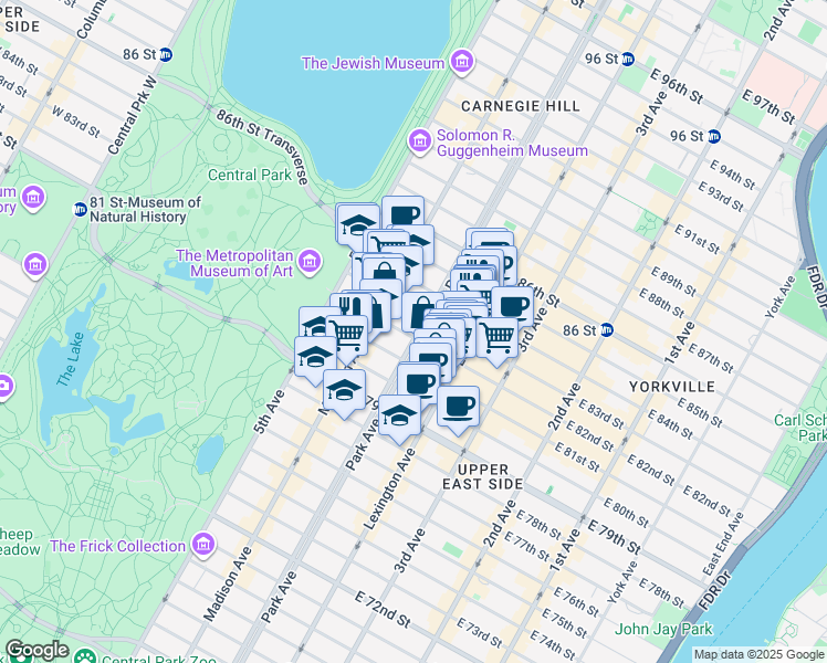 map of restaurants, bars, coffee shops, grocery stores, and more near 960 Park Avenue in New York