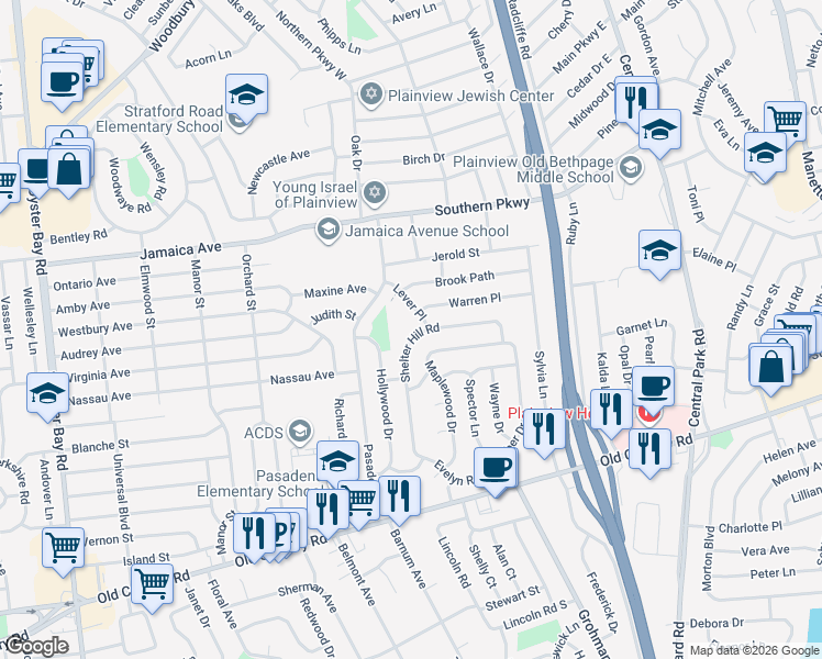 map of restaurants, bars, coffee shops, grocery stores, and more near 46 Shelter Hill Road in Plainview