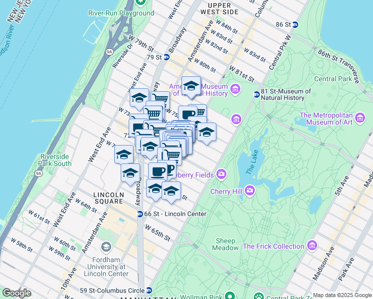 map of restaurants, bars, coffee shops, grocery stores, and more near 56 West 73rd Street in New York