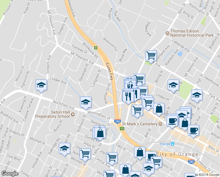 map of restaurants, bars, coffee shops, grocery stores, and more near 50 Lindsley Avenue in West Orange