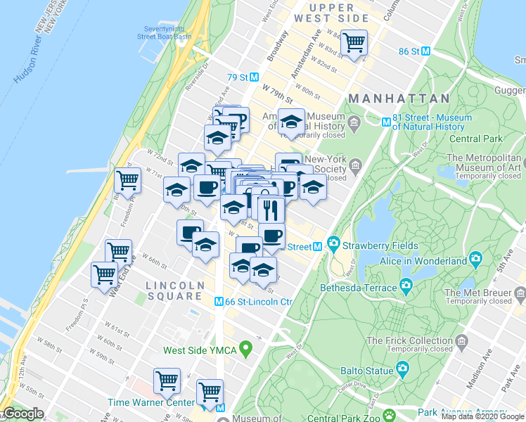 map of restaurants, bars, coffee shops, grocery stores, and more near 72 in New York