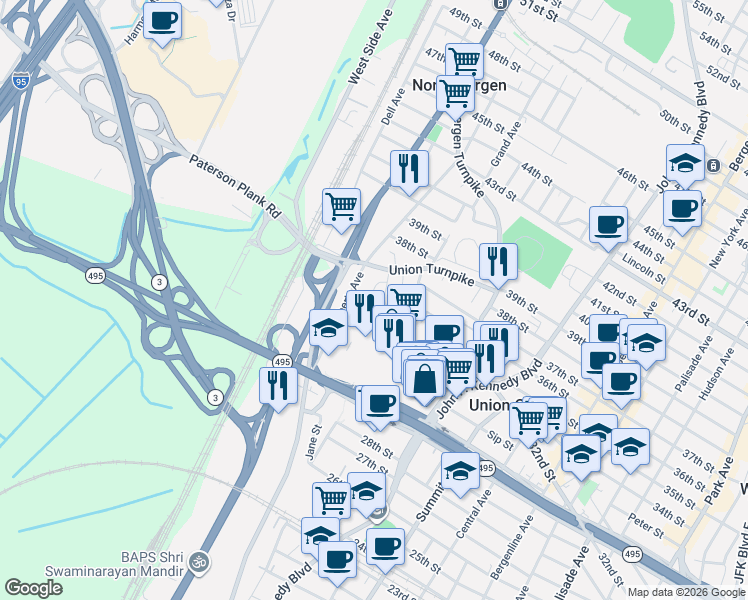 map of restaurants, bars, coffee shops, grocery stores, and more near 3507 Charles Court in North Bergen