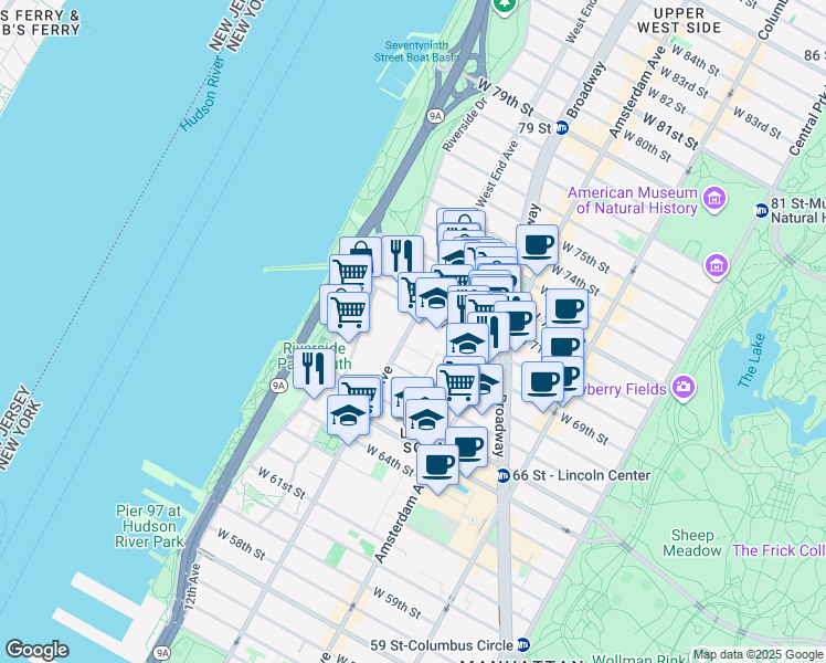 map of restaurants, bars, coffee shops, grocery stores, and more near in New York