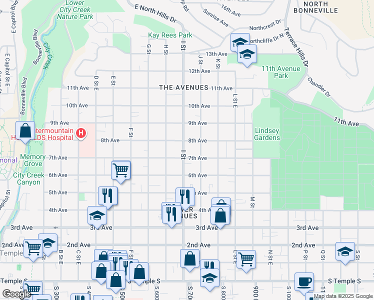 map of restaurants, bars, coffee shops, grocery stores, and more near 372 I Street in Salt Lake City