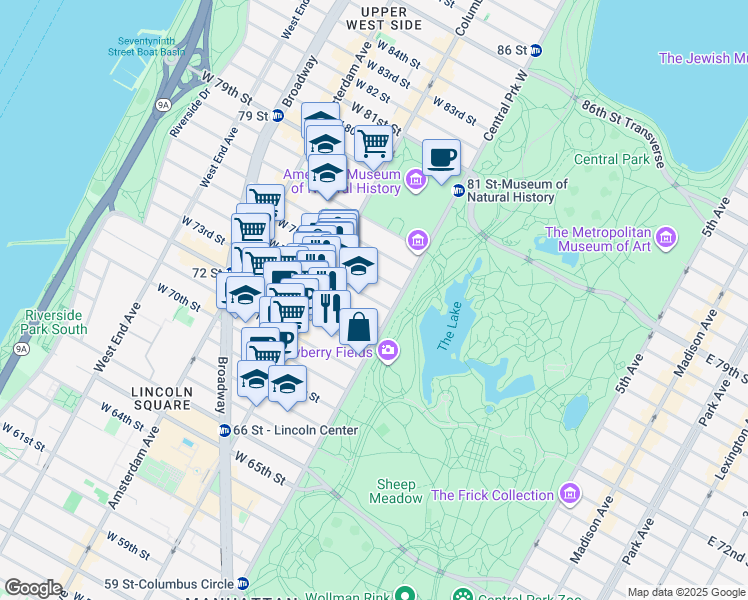 map of restaurants, bars, coffee shops, grocery stores, and more near 12 West 74th Street in New York
