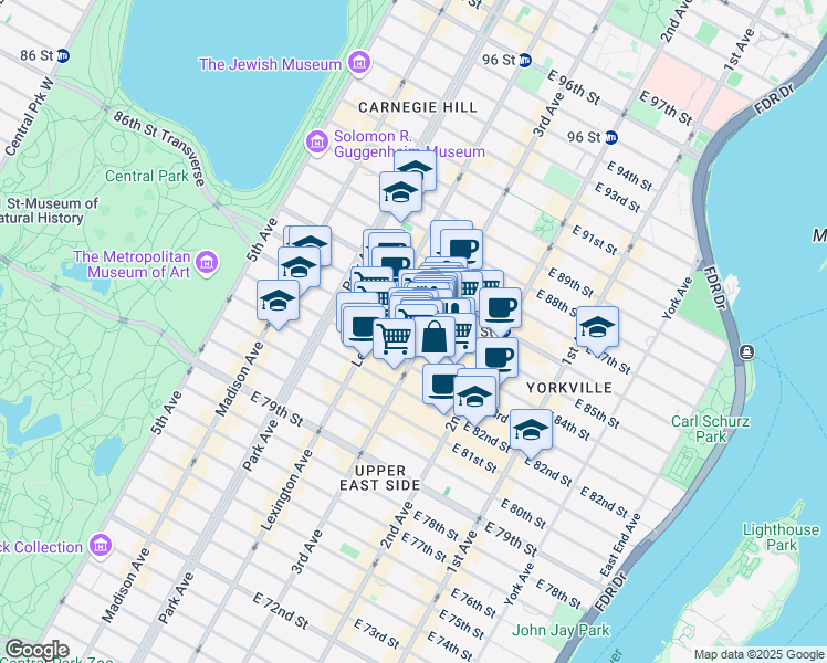 map of restaurants, bars, coffee shops, grocery stores, and more near 171 East 84th Street in New York