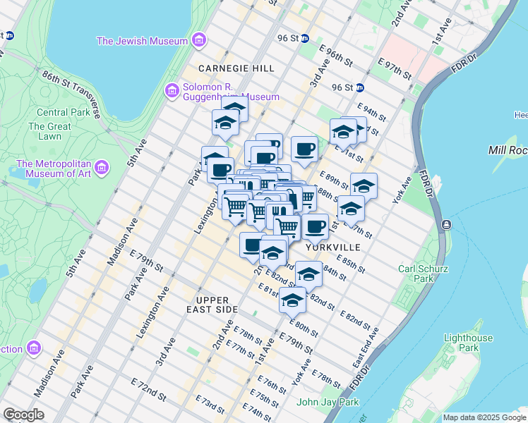 map of restaurants, bars, coffee shops, grocery stores, and more near 229 East 85th Street in New York