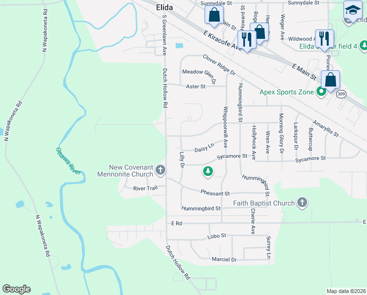 map of restaurants, bars, coffee shops, grocery stores, and more near 2791 Lilly Drive in Elida