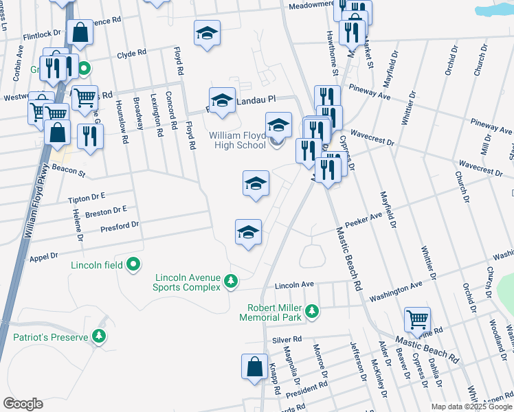 map of restaurants, bars, coffee shops, grocery stores, and more near 338 Blanco Drive in Mastic Beach