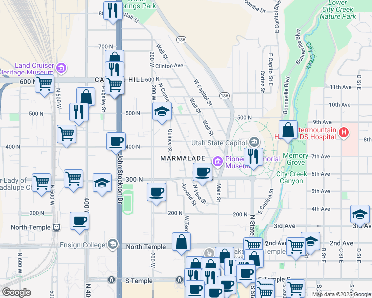 map of restaurants, bars, coffee shops, grocery stores, and more near 377 North Center Street in Salt Lake City