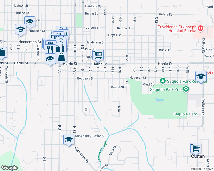 map of restaurants, bars, coffee shops, grocery stores, and more near 3363 L St in Eureka