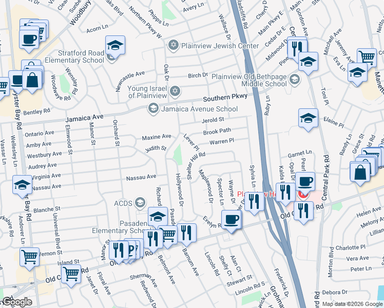 map of restaurants, bars, coffee shops, grocery stores, and more near 46 Shelter Hill Road in Plainview