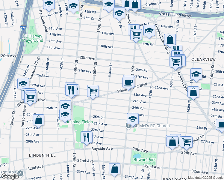 map of restaurants, bars, coffee shops, grocery stores, and more near 151-10 Willets Point Boulevard in Queens