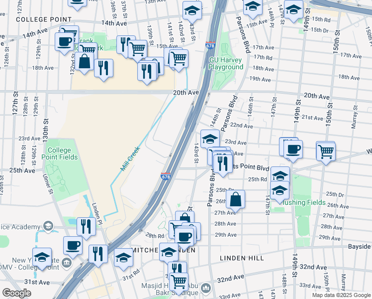 map of restaurants, bars, coffee shops, grocery stores, and more near 23-41 Whitestone Expressway in Queens