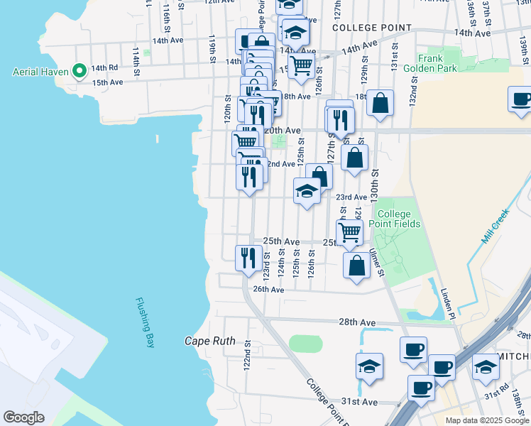 map of restaurants, bars, coffee shops, grocery stores, and more near 23-37 123rd Street in Queens