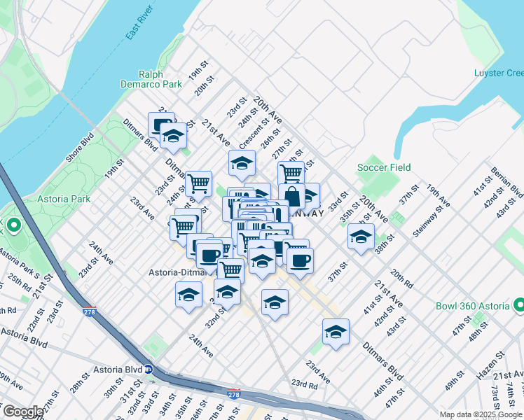map of restaurants, bars, coffee shops, grocery stores, and more near in Queens