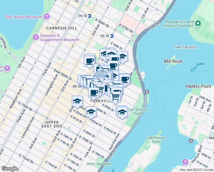 map of restaurants, bars, coffee shops, grocery stores, and more near 1689 1st Avenue in New York