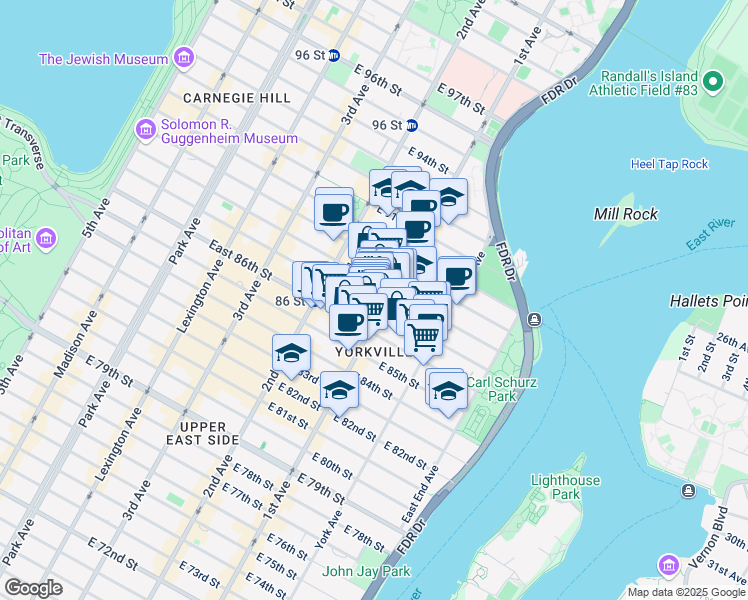 map of restaurants, bars, coffee shops, grocery stores, and more near 1689 1st Avenue in New York