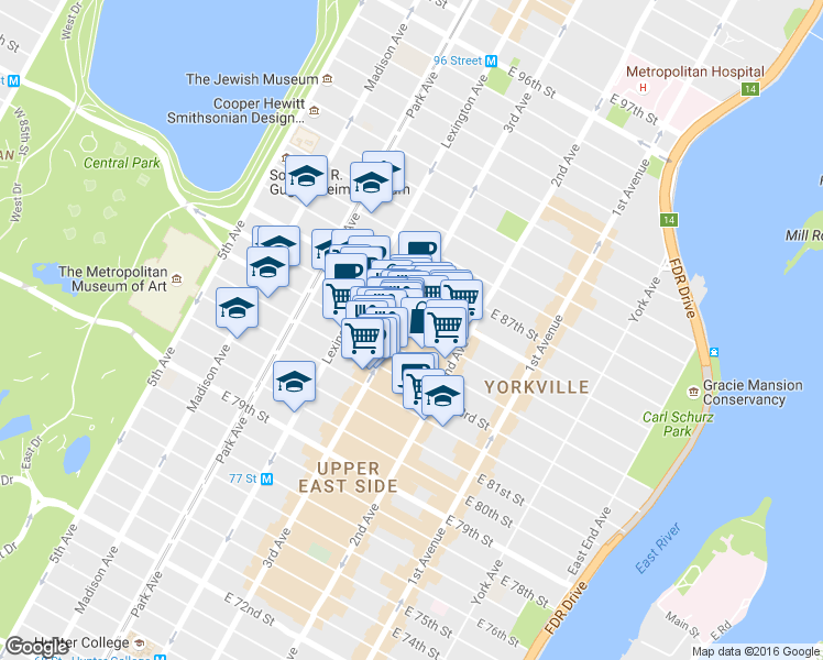 map of restaurants, bars, coffee shops, grocery stores, and more near 1517 3rd Avenue in New York