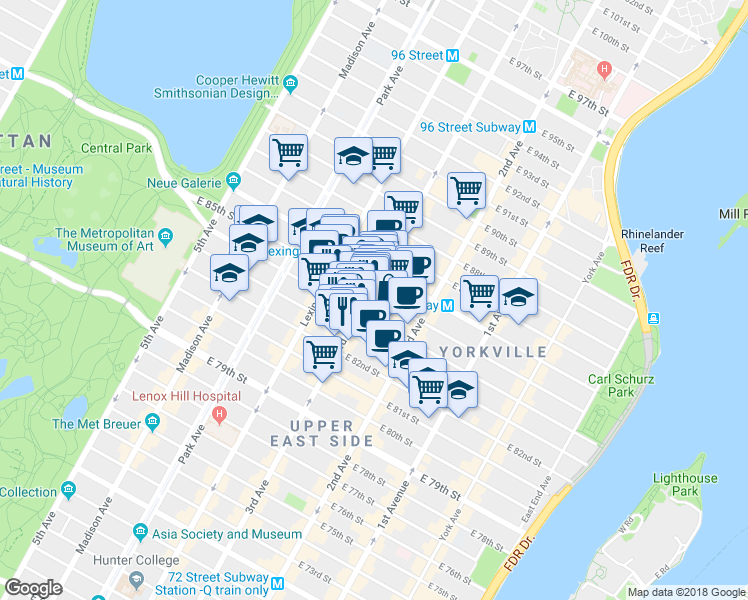 map of restaurants, bars, coffee shops, grocery stores, and more near 1517 3rd Avenue in New York