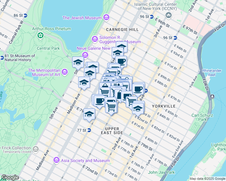 map of restaurants, bars, coffee shops, grocery stores, and more near 1470 3rd Avenue in New York