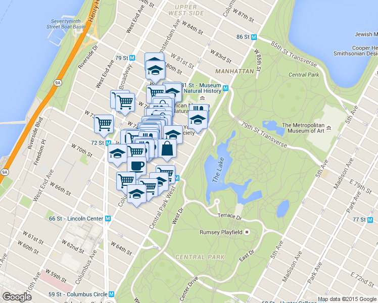 map of restaurants, bars, coffee shops, grocery stores, and more near 4 West 74th Street in New York