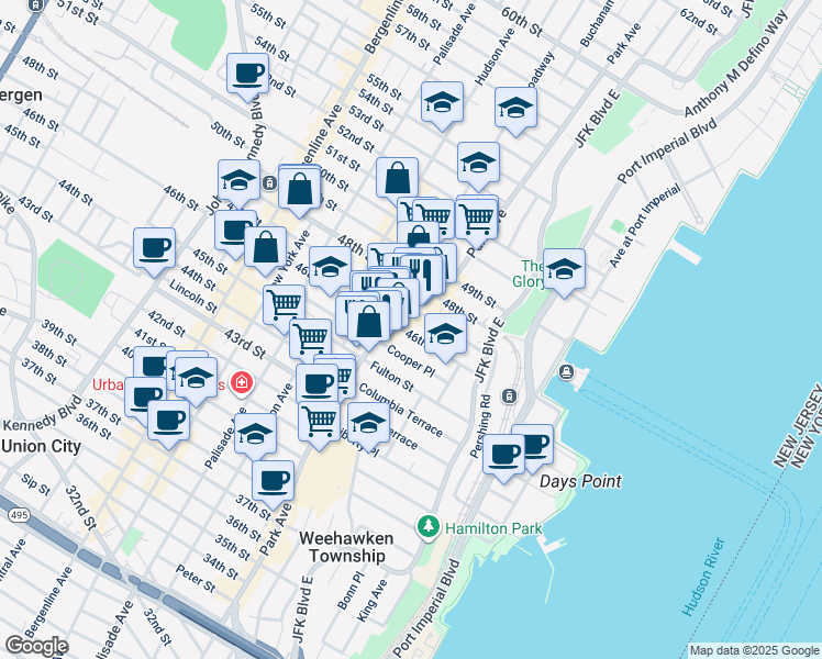 map of restaurants, bars, coffee shops, grocery stores, and more near 51 Cooper Place in Weehawken