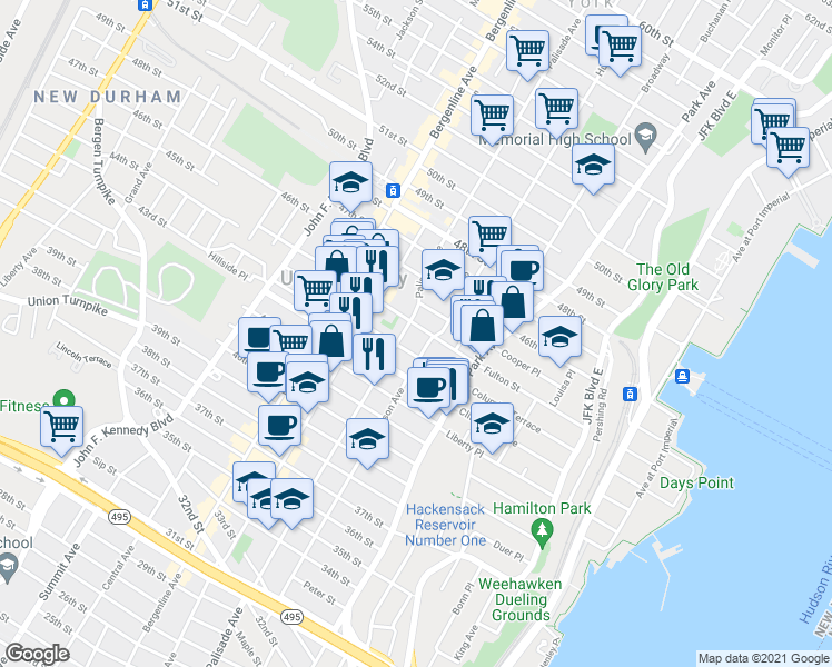 map of restaurants, bars, coffee shops, grocery stores, and more near 4408 Hudson Avenue in Union City