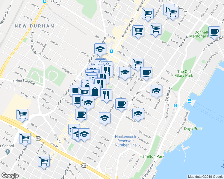 map of restaurants, bars, coffee shops, grocery stores, and more near 4313 Palisade Avenue in Union City