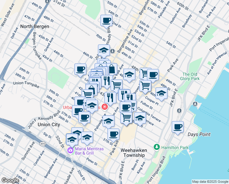 map of restaurants, bars, coffee shops, grocery stores, and more near 4313 Palisade Avenue in Union City