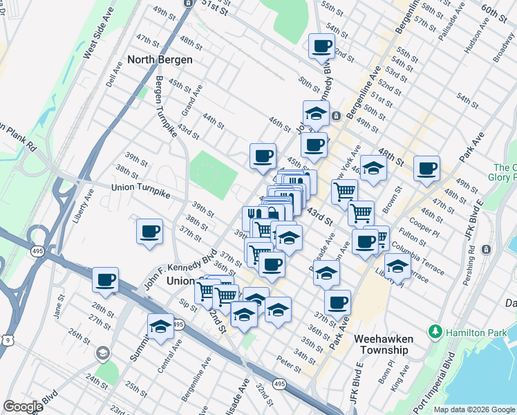 map of restaurants, bars, coffee shops, grocery stores, and more near 524 41st Street in Union City