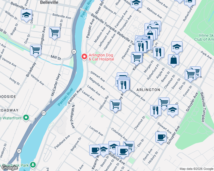 map of restaurants, bars, coffee shops, grocery stores, and more near 98 Stewart Avenue in Kearny