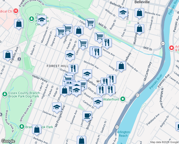 map of restaurants, bars, coffee shops, grocery stores, and more near 327 Woodside Avenue in Newark