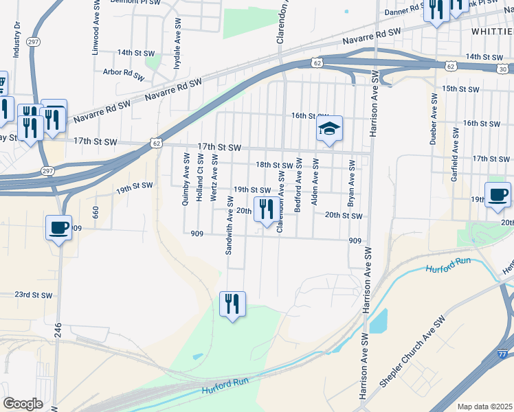 map of restaurants, bars, coffee shops, grocery stores, and more near 2736 20th Street Southwest in Canton