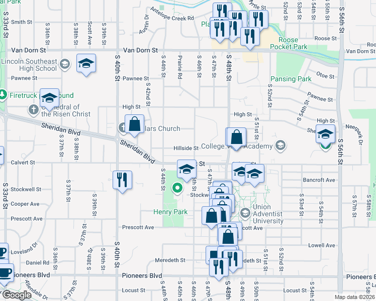 map of restaurants, bars, coffee shops, grocery stores, and more near 3515 South 46th Street in Lincoln
