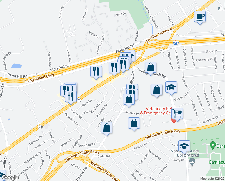 map of restaurants, bars, coffee shops, grocery stores, and more near 7 Briarcliff Road in Westbury