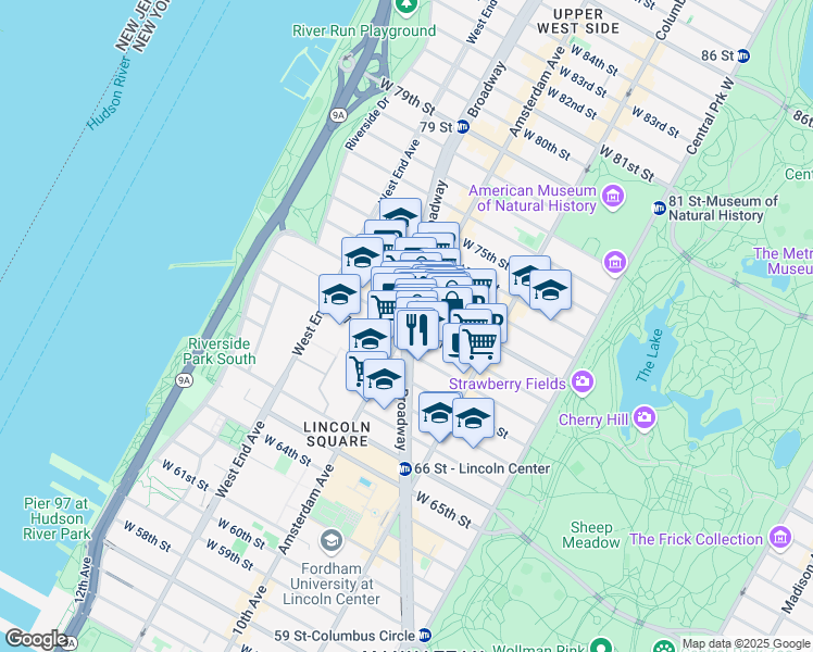 map of restaurants, bars, coffee shops, grocery stores, and more near 116 West 71st Street in New York