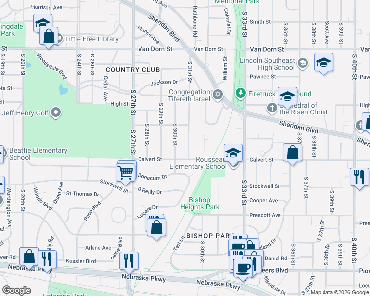 map of restaurants, bars, coffee shops, grocery stores, and more near 3515 South 31st Street in Lincoln