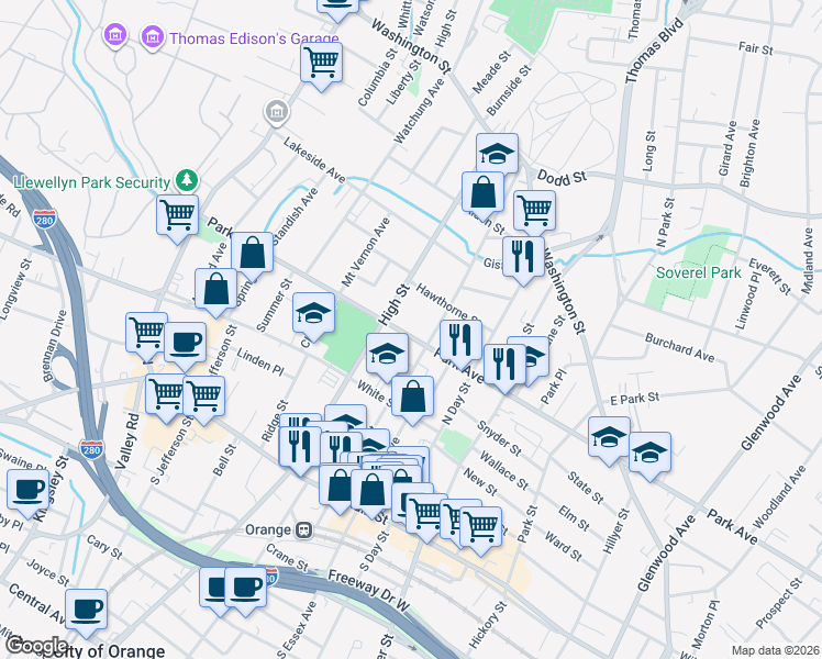 map of restaurants, bars, coffee shops, grocery stores, and more near 213 Snyder Street in City of Orange
